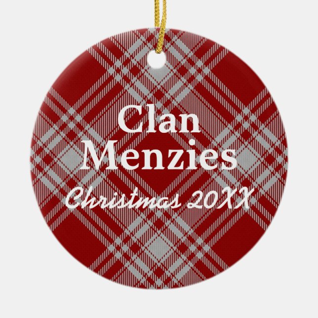 Clan Menzies Scottish Red White Tartan Ceramic Ornament (Front)