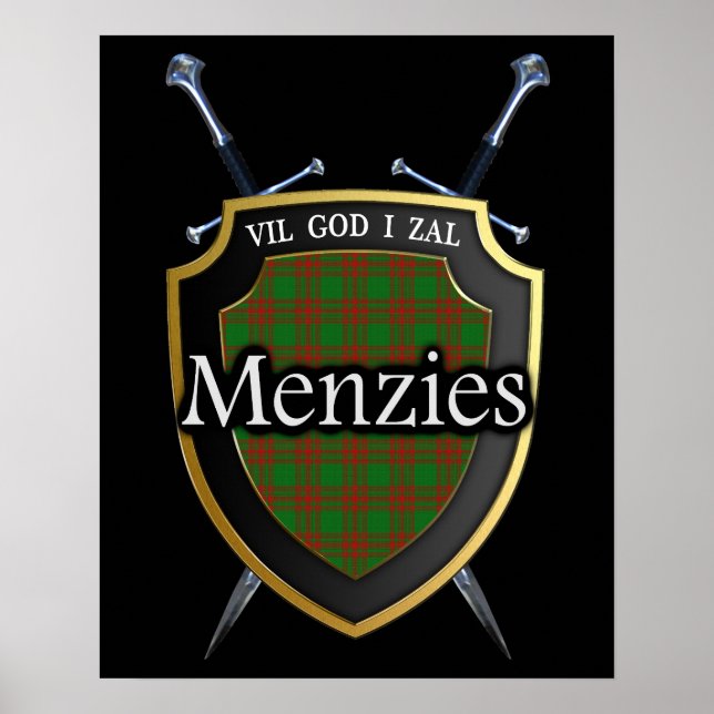 Clan Menzies Tartan Scottish Shield & Swords Poster (Front)