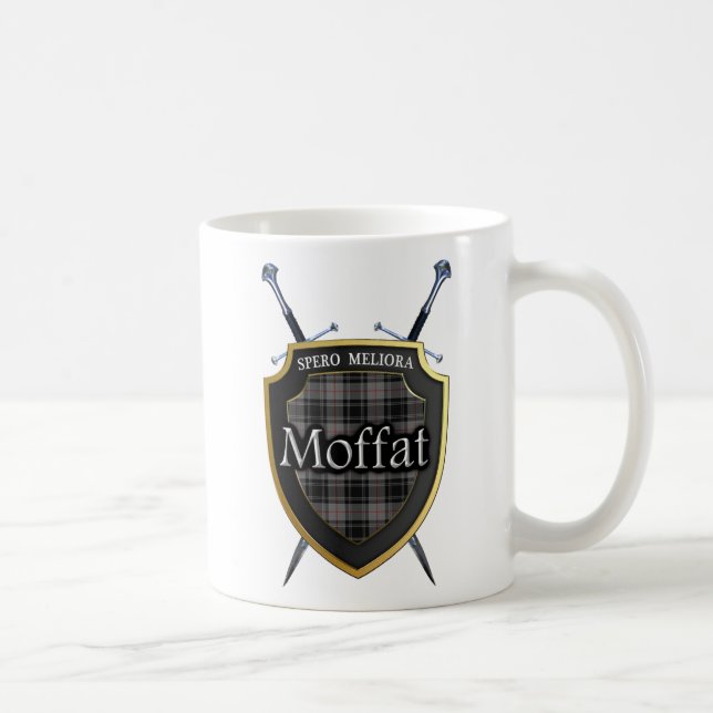 Clan Moffat Tartan Shield and Swords Coffee Mug (Right)