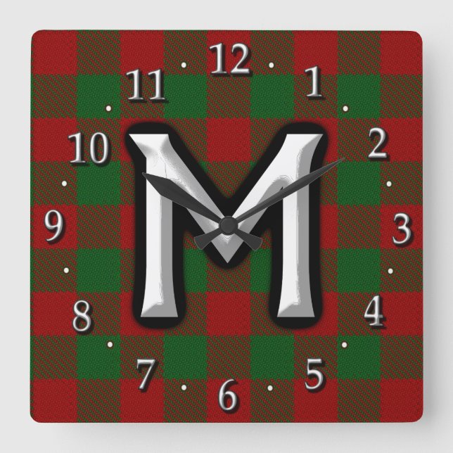 Clan Moncreiffe Moncrief Letter M Monogram Tartan Square Wall Clock (Front)