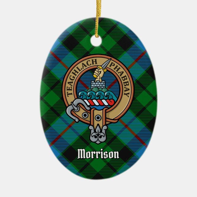 Clan Morrison Crest over Hunting Tartan Ceramic Ornament (Front)