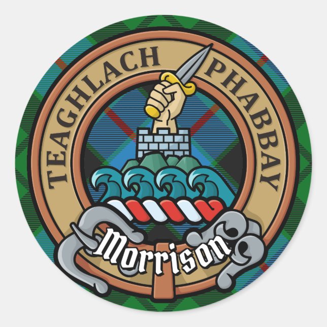 Clan Morrison Crest over Hunting Tartan Classic Round Sticker (Front)