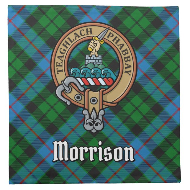 Clan Morrison Crest over Hunting Tartan Cloth Napkin (Front)