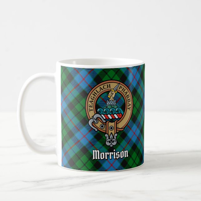 Clan Morrison Crest over Hunting Tartan Coffee Mug (Left)