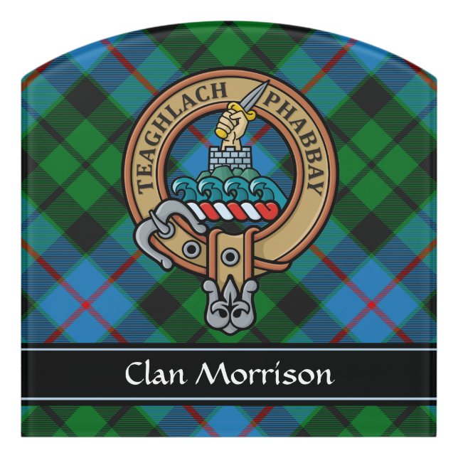 Clan Morrison Crest over Hunting Tartan Door Sign (Contour Front)