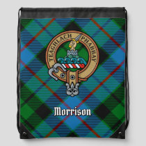 Clan Morrison Crest over Hunting Tartan Drawstring Bag