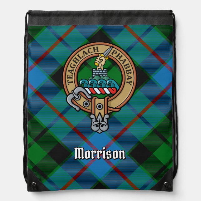 Clan Morrison Crest over Hunting Tartan Drawstring Bag (Front)