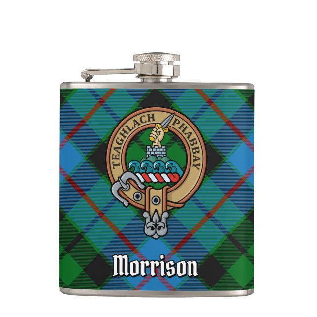 Clan Morrison Crest over Hunting Tartan Flask (Front)