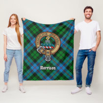 Clan Morrison Crest over Hunting Tartan Fleece Blanket