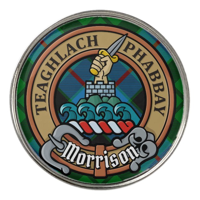 Clan Morrison Crest over Hunting Tartan Golf Ball Marker (Front)