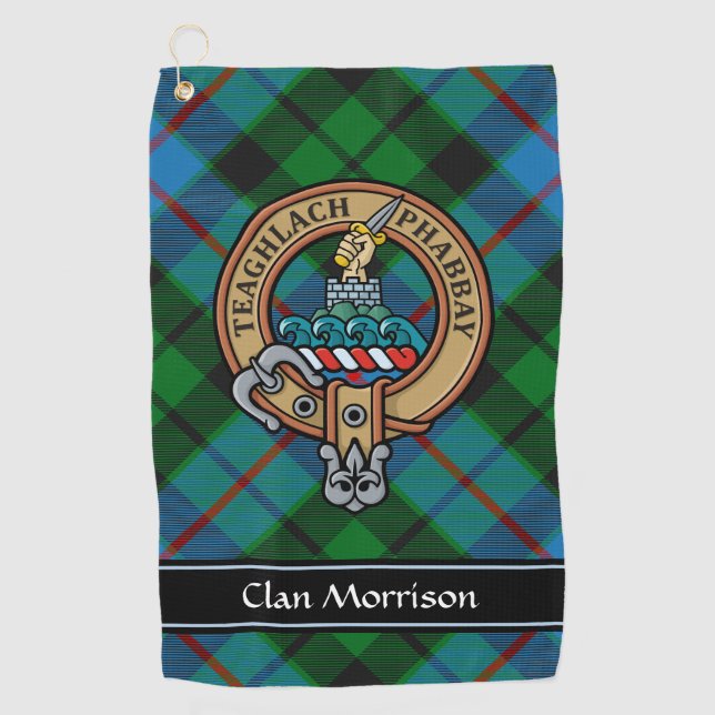 Clan Morrison Crest over Hunting Tartan Golf Towel (Front)