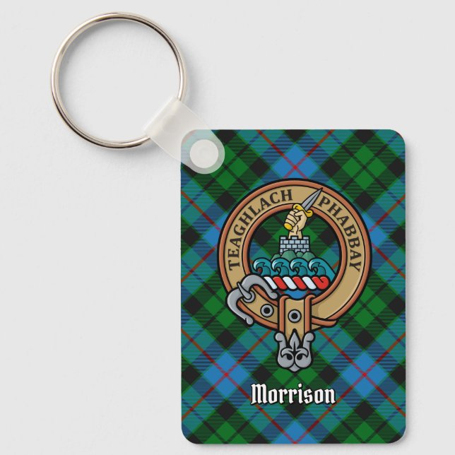 Clan Morrison Crest over Hunting Tartan Keychain (Front)