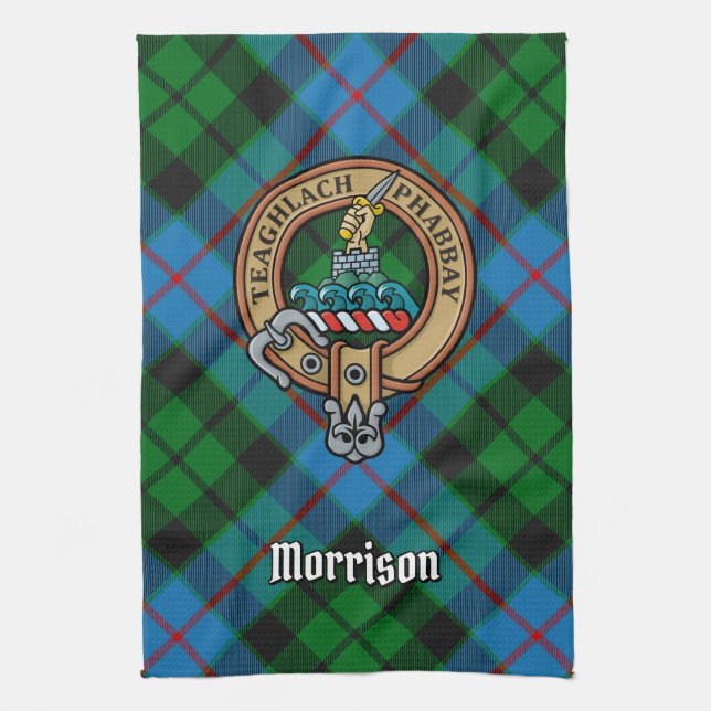 Clan Morrison Crest over Hunting Tartan Kitchen Towel (Vertical)