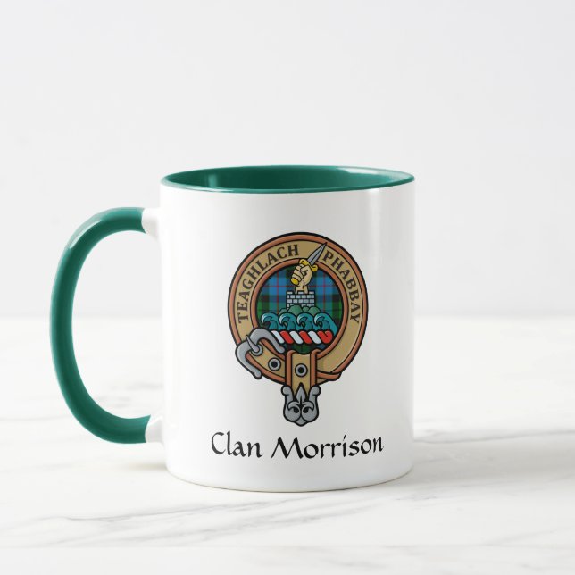 Clan Morrison Crest over Hunting Tartan Mug (Left)