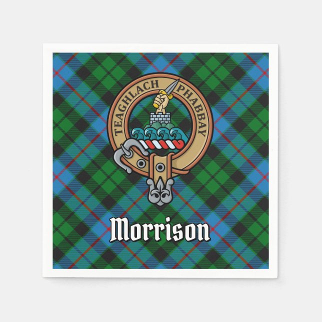 Clan Morrison Crest over Hunting Tartan Napkins (Front)