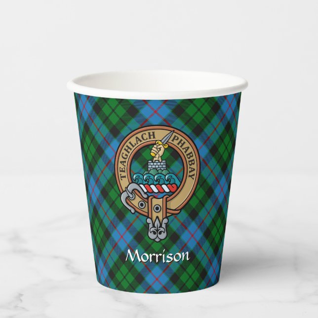 Clan Morrison Crest over Hunting Tartan Paper Cups (Front)