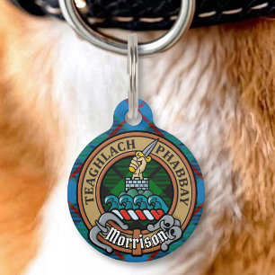 Clan Morrison Crest over Hunting Tartan Pet ID Tag