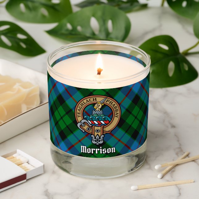 Clan Morrison Crest over Hunting Tartan Scented Candle (Lit)