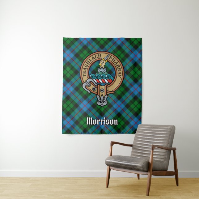 Clan Morrison Crest over Hunting Tartan Tapestry (In Situ)