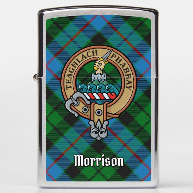 Clan Morrison Crest over Hunting Tartan Zippo Lighter (Front)