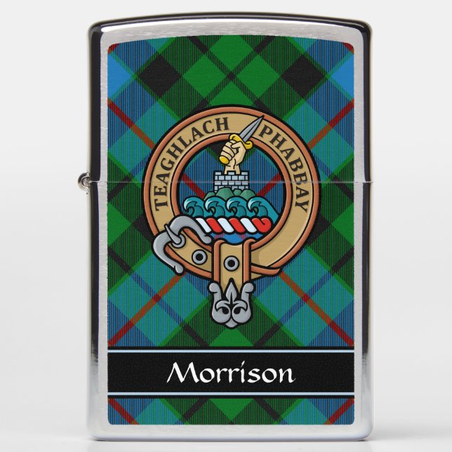 Clan Morrison Crest over Hunting Tartan Zippo Lighter (Front)
