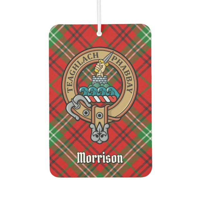 Clan Morrison Crest over Red Tartan Air Freshener (Front)