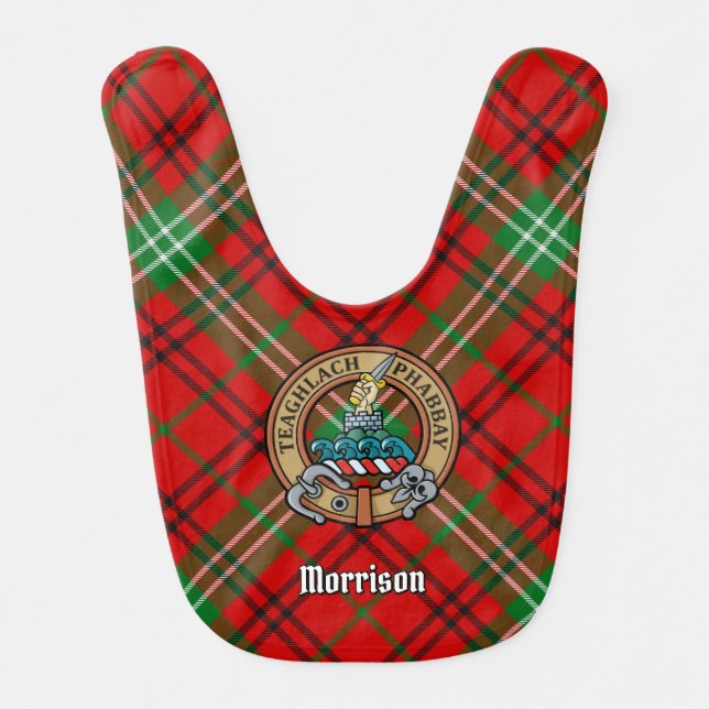 Clan Morrison Crest over Red Tartan Baby Bib (Front)