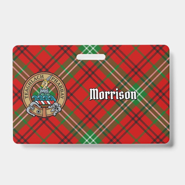 Clan Morrison Crest over Red Tartan Badge (Front)