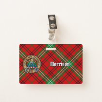 Clan Morrison Crest over Red Tartan Badge