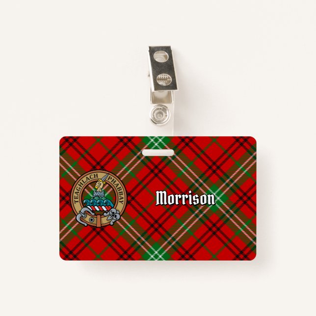 Clan Morrison Crest over Red Tartan Badge (Front with Clip)
