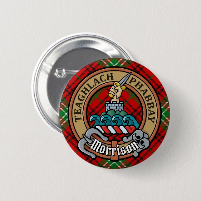 Clan Morrison Crest over Red Tartan Button (Front & Back)