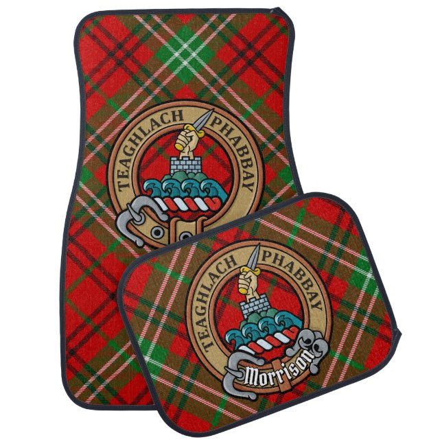 Clan Morrison Crest over Red Tartan Car Floor Mat (Set)