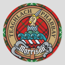 Clan Morrison Crest over Red Tartan Classic Round Sticker