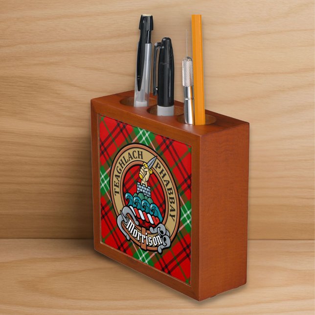 Clan Morrison Crest over Red Tartan Desk Organizer (Creator Uploaded)