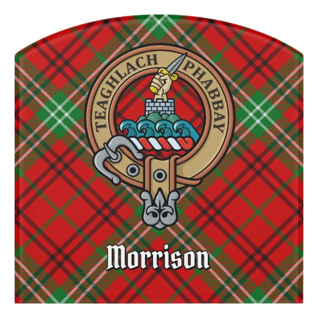 Clan Morrison Crest over Red Tartan Door Sign (Contour Front)