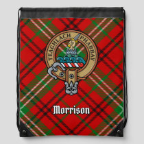 Clan Morrison Crest over Red Tartan Drawstring Bag