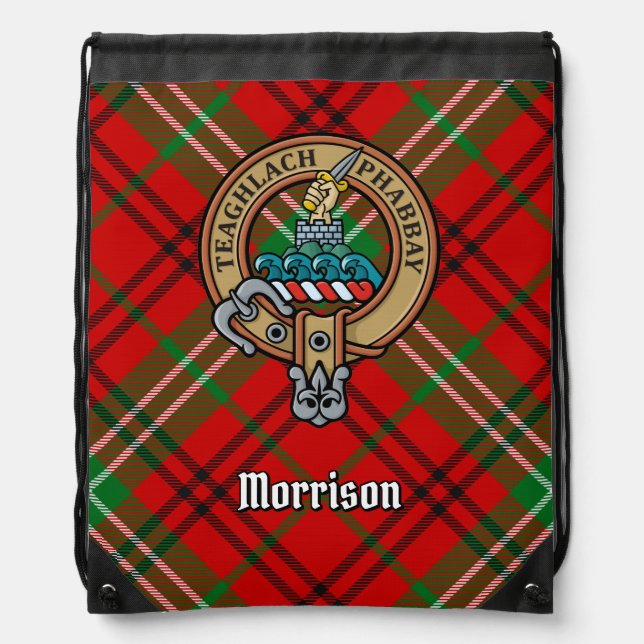 Clan Morrison Crest over Red Tartan Drawstring Bag (Front)
