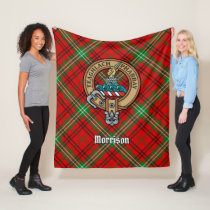Clan Morrison Crest over Red Tartan Fleece Blanket