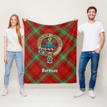 Clan Morrison Crest over Red Tartan Fleece Blanket