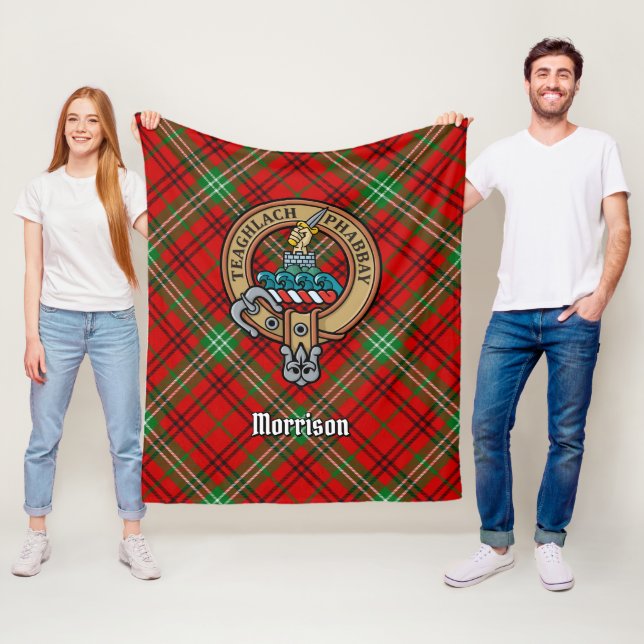 Clan Morrison Crest over Red Tartan Fleece Blanket (In Situ)