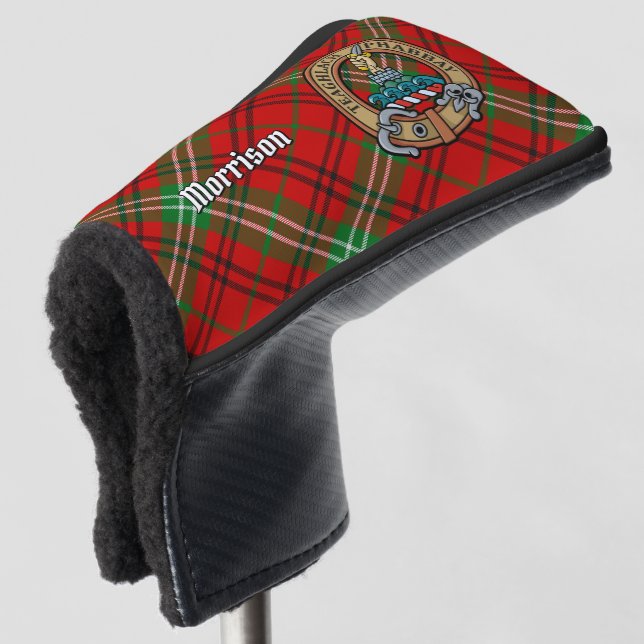 Clan Morrison Crest over Red Tartan Golf Head Cover (3/4 Front)