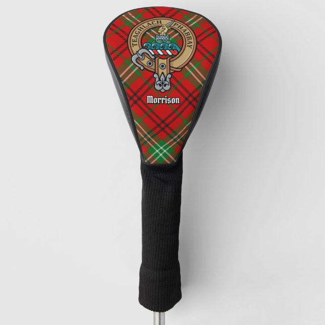 Clan Morrison Crest over Red Tartan Golf Head Cover (Front)