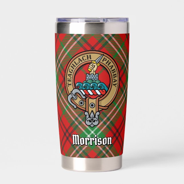 Clan Morrison Crest over Red Tartan Insulated Tumbler (Front)