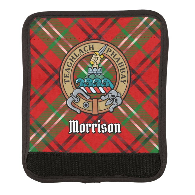 Clan Morrison Crest over Red Tartan Luggage Handle Wrap (Front)