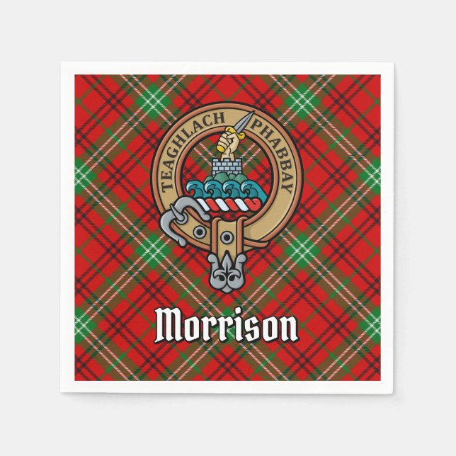 Clan Morrison Crest over Red Tartan Napkins (Front)