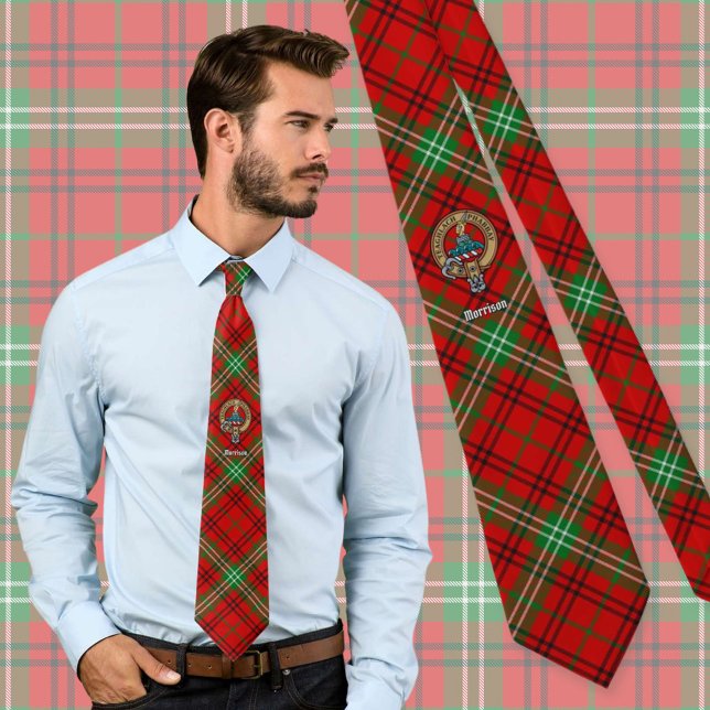 Clan Morrison Crest over Red Tartan Neck Tie (Creator Uploaded)