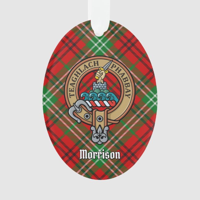 Clan Morrison Crest over Red Tartan Ornament (Front)
