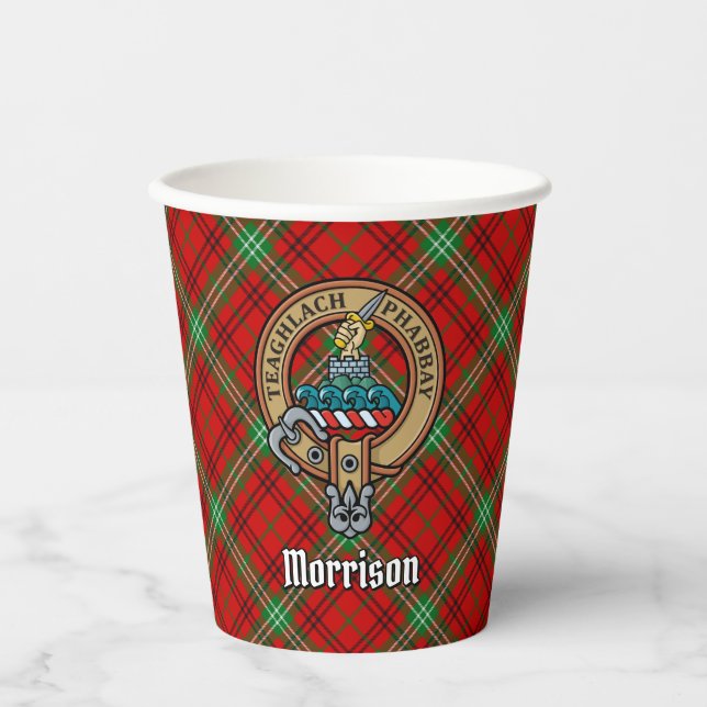 Clan Morrison Crest over Red Tartan Paper Cups (Front)