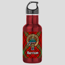 Clan Morrison Crest over Red Tartan Stainless Steel Water Bottle