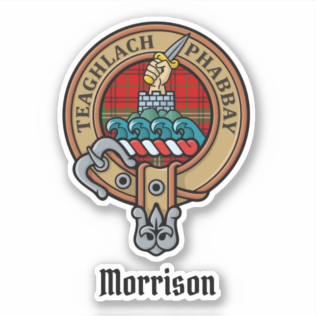 Clan Morrison Crest over Red Tartan Sticker (Front)